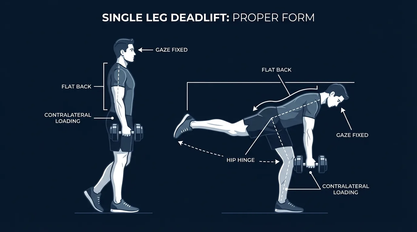 Single leg deadlift proper form: standing start position and flat-back hinge with dumbbell in the opposite hand from the standing leg