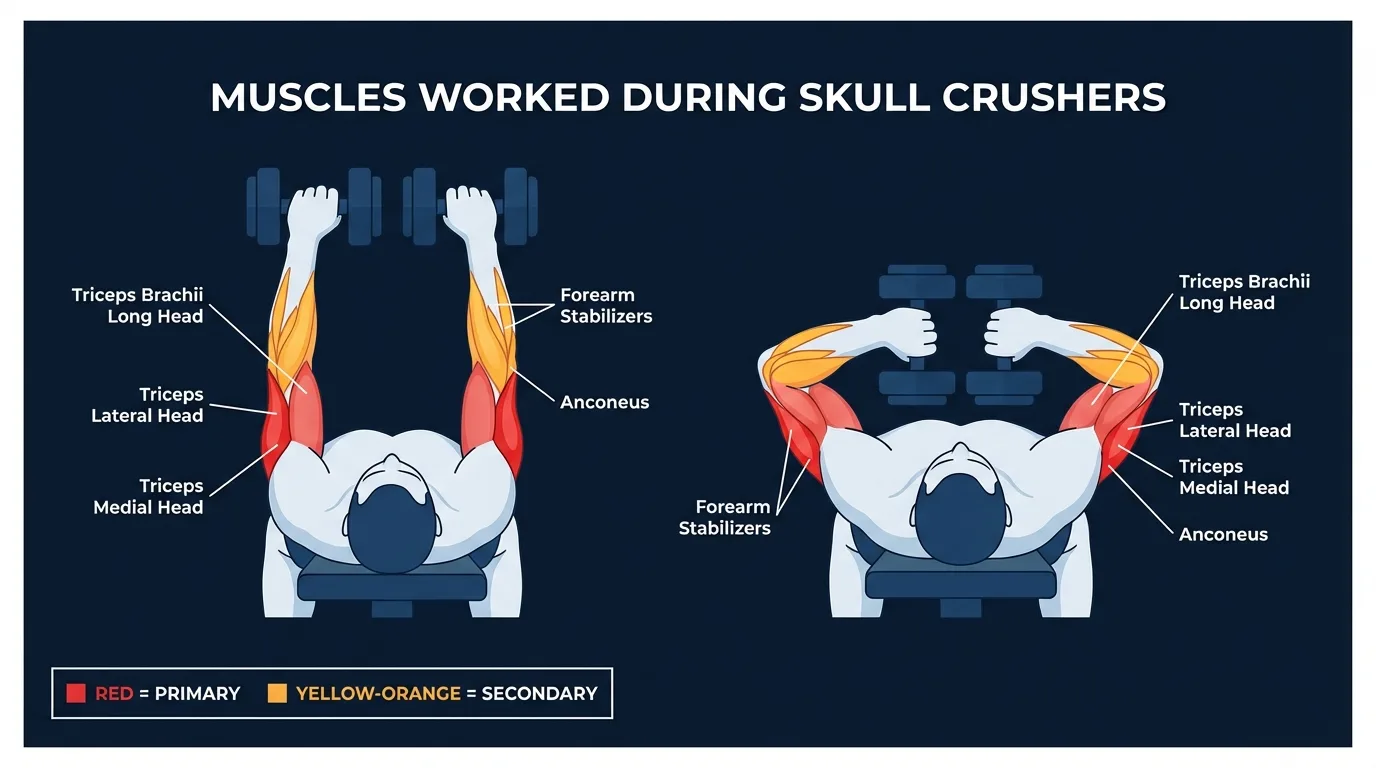 Skull crusher muscles worked: triceps brachii long head, lateral head, and medial head as primary elbow extensors, with forearm and shoulder stabilizers