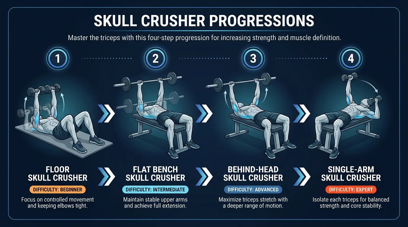 Skull crusher progression path from floor skull crushers to flat bench, behind-the-head, and single-arm dumbbell skull crushers