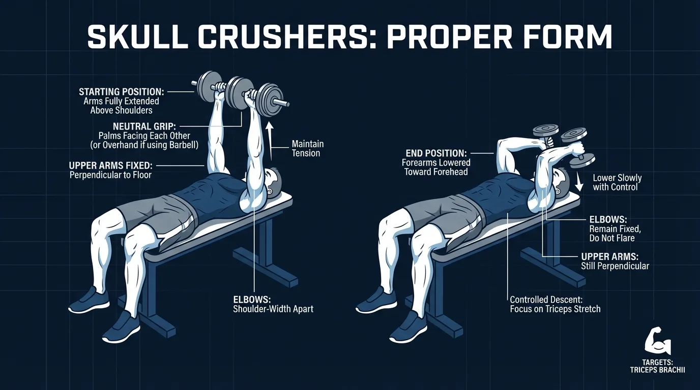 Skull crusher proper form showing dumbbells above the shoulders, elbows fixed, wrists neutral, and forearms lowering toward the forehead