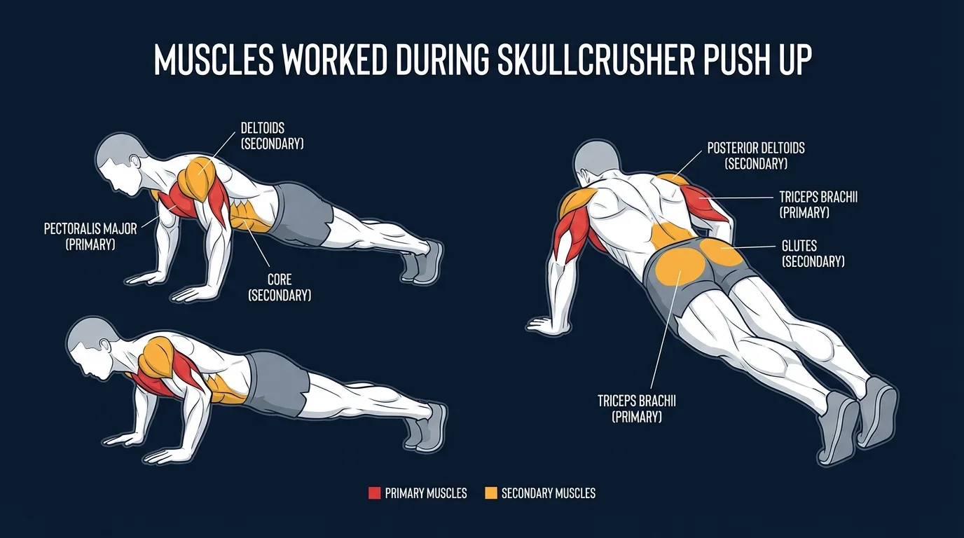 Skullcrusher push-up muscles targeted: triceps brachii as the primary mover, with anterior deltoids, chest, serratus anterior, core, and glutes stabilizing the plank
