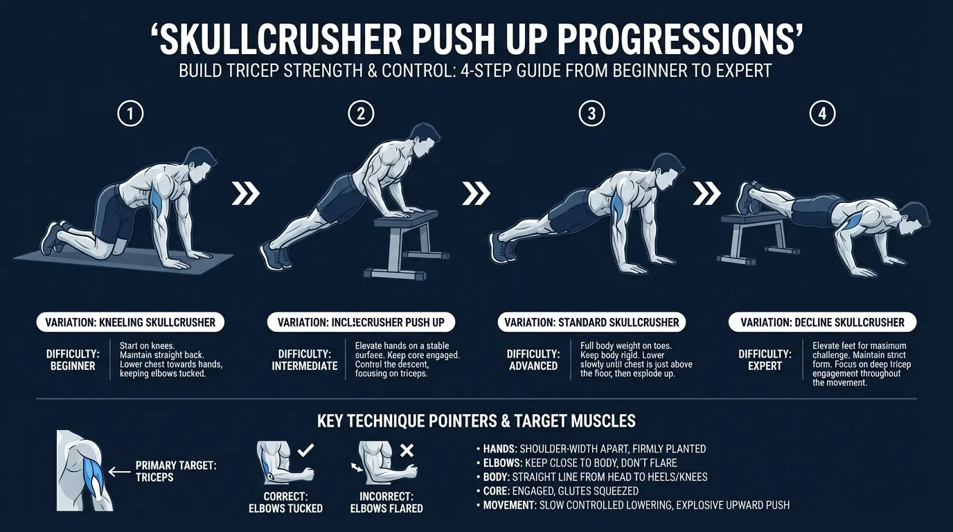 Skullcrusher push-up progression ladder from kneeling reps to standard floor reps, feet-elevated reps, and deficit reps with elevated hands