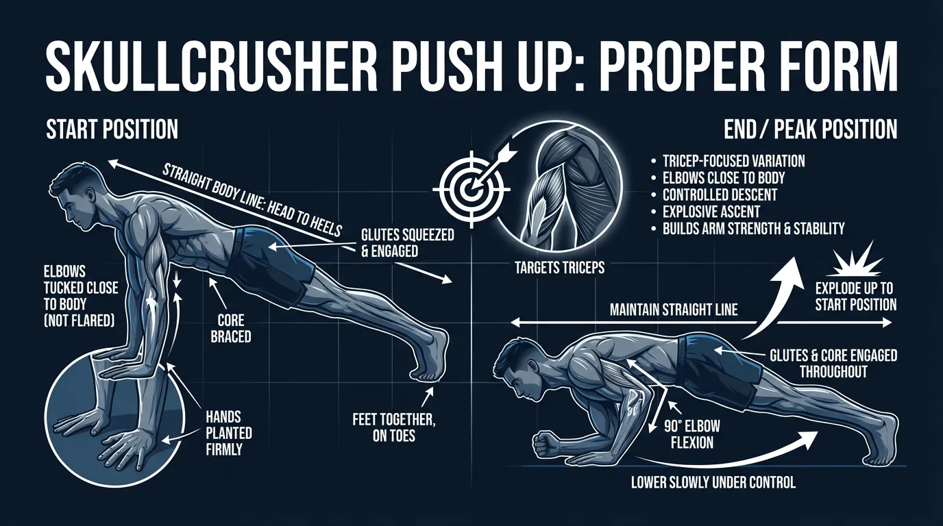 Skullcrusher push-up proper form showing a forearm plank bottom position, straight-arm top position, elbows tracking forward, and a rigid body line