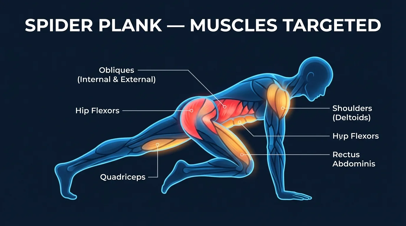 Spider plank muscles worked: obliques, hip flexors, rectus abdominis, and transverse abdominis as primary core muscles, with shoulders and glutes stabilizing