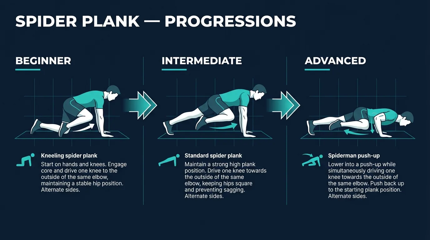 Spider plank progression path from kneeling spider plank to standard spider plank and advanced Spiderman push-up