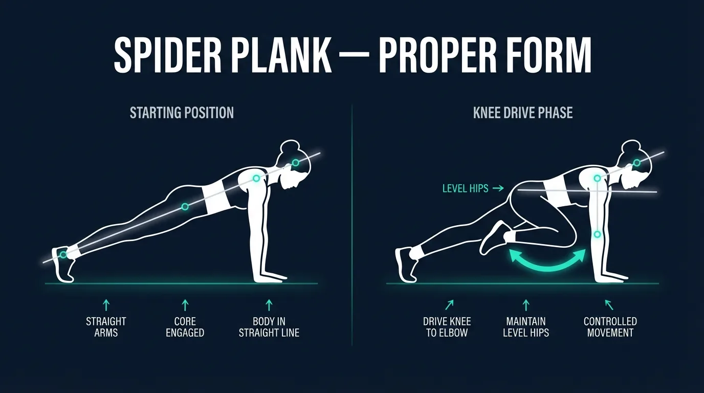 Spider plank proper form showing a high plank with one knee driving toward the same-side elbow while the hips stay level