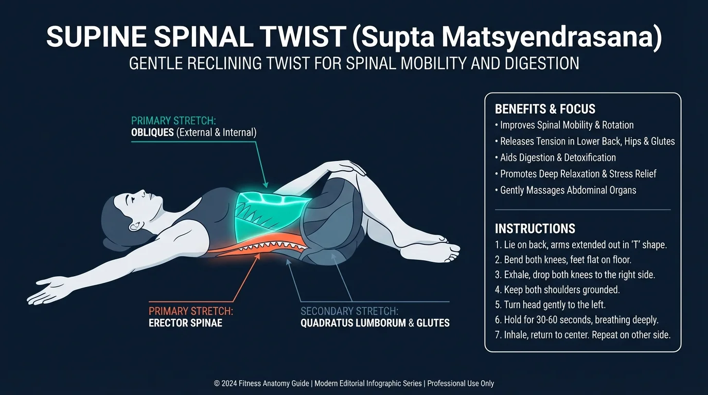 Spinal twist areas stretched: obliques, quadratus lumborum, erector spinae, glutes, chest, and thoracic spine during a supine rotation stretch