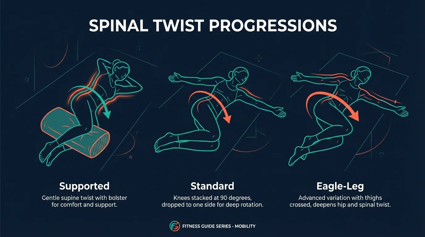 Spinal twist progressions from supported knees on a pillow to standard stacked-knee twist and advanced eagle-leg twist