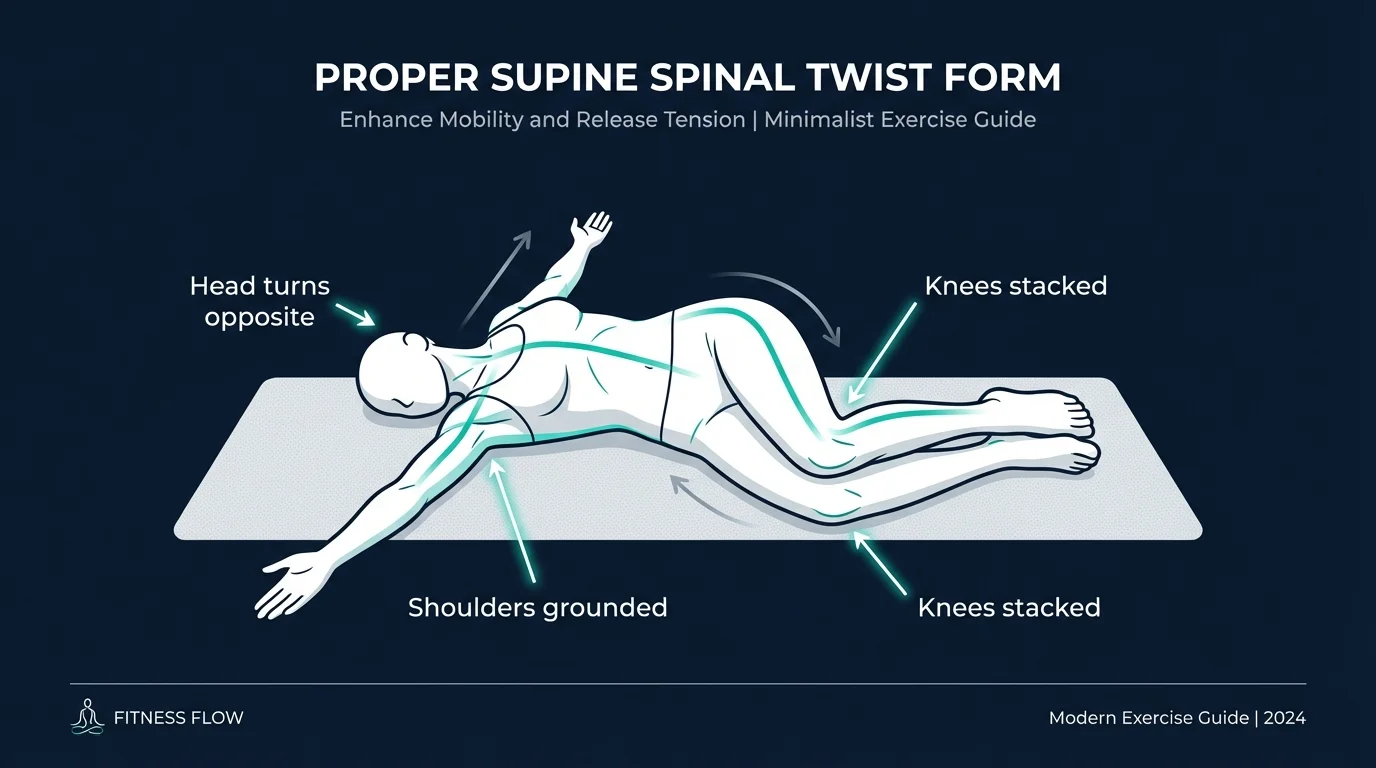 Supine spinal twist proper form with shoulders pinned to the floor, knees stacked to one side, arms extended in a T-shape, and head relaxed