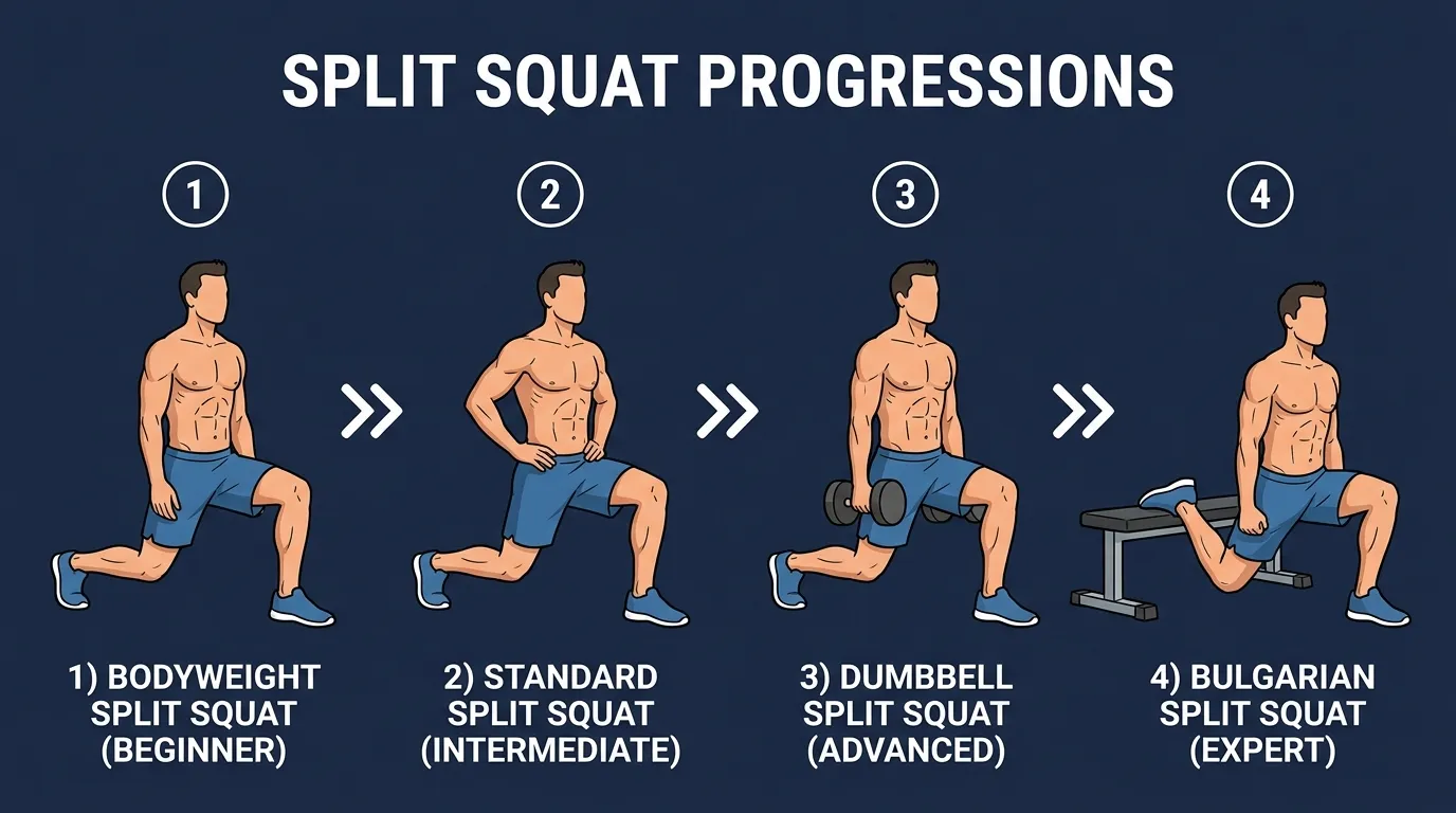 Split squat progression pathway from supported bodyweight split squat to standard split squat, dumbbell split squat, and rear-foot elevated Bulgarian split squat
