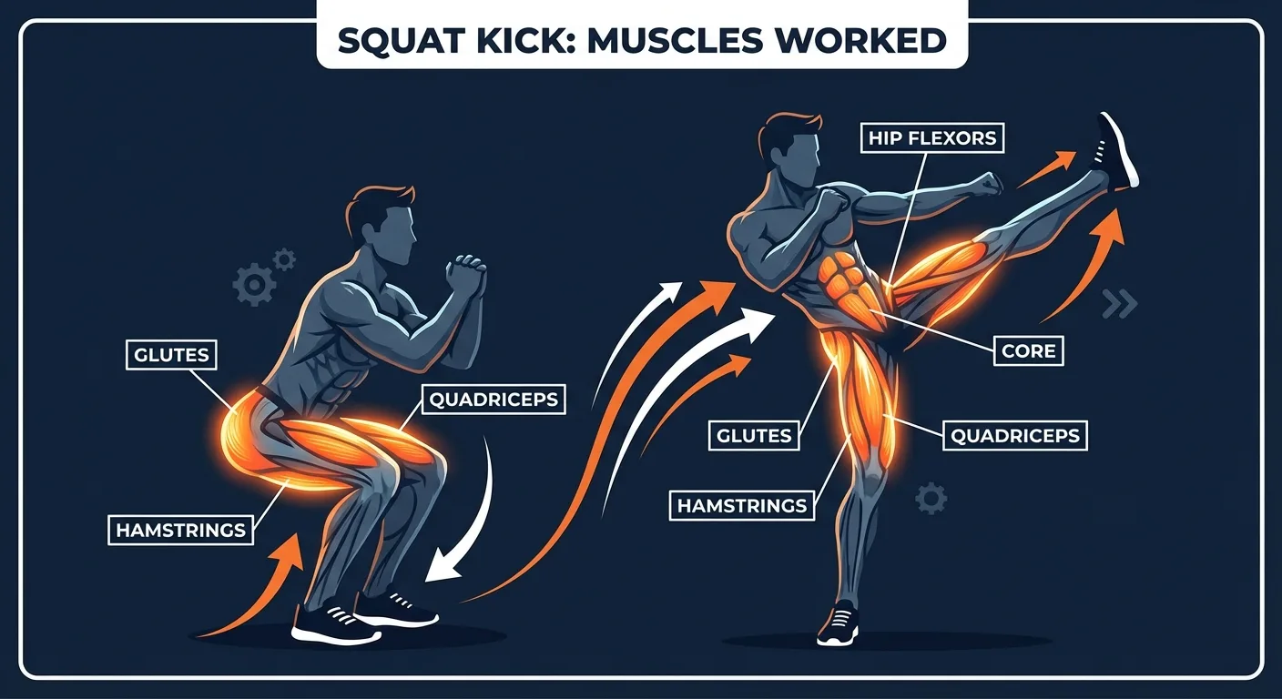 Squat kick muscles worked: quads, glutes, hamstrings, adductors, hip flexors, core, calves, and ankle stabilizers during the squat and kick
