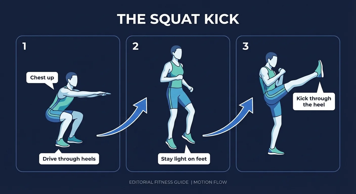 Squat kick proper form sequence showing a controlled squat, tall stand, forward heel-driven kick, and balanced reset