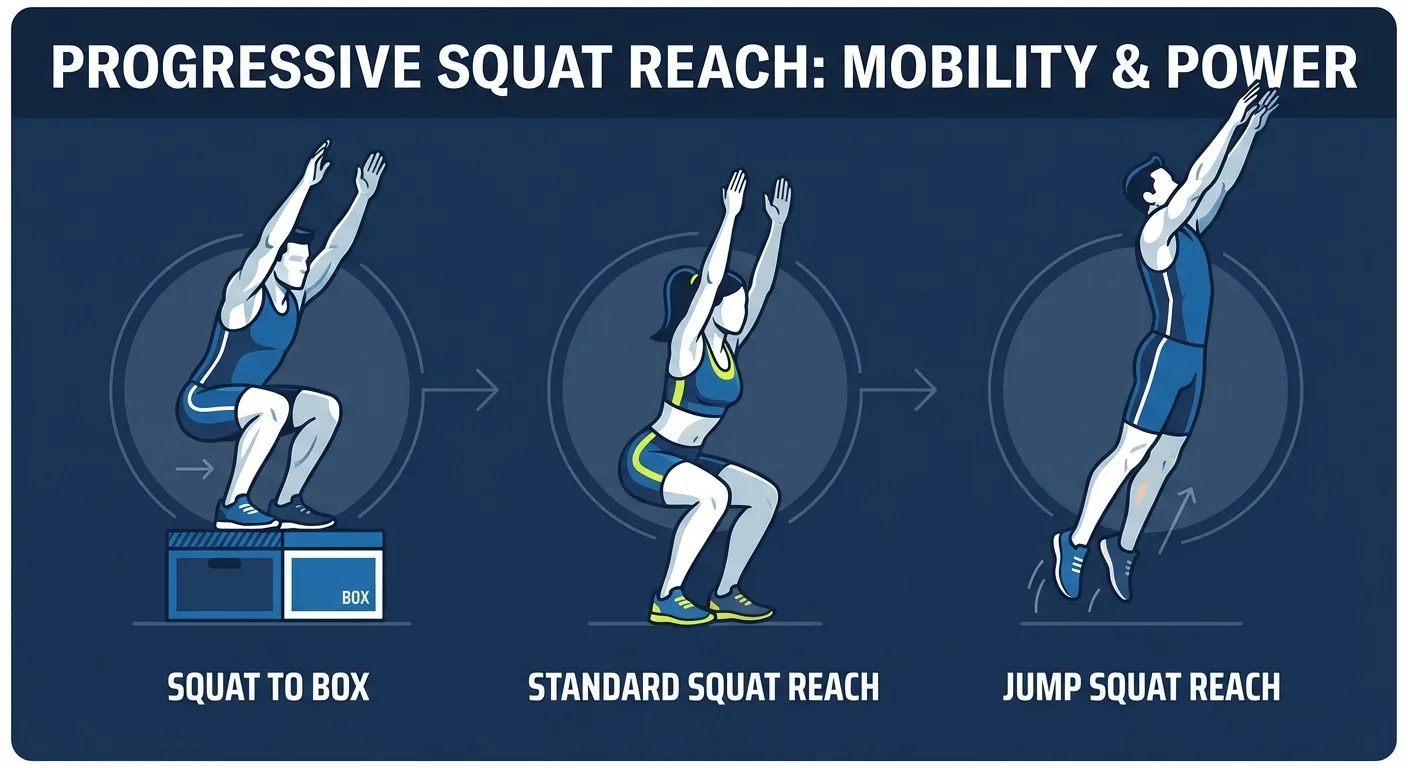 Squat reach progressions showing partial squat reach, full squat reach, and jump squat reach variations