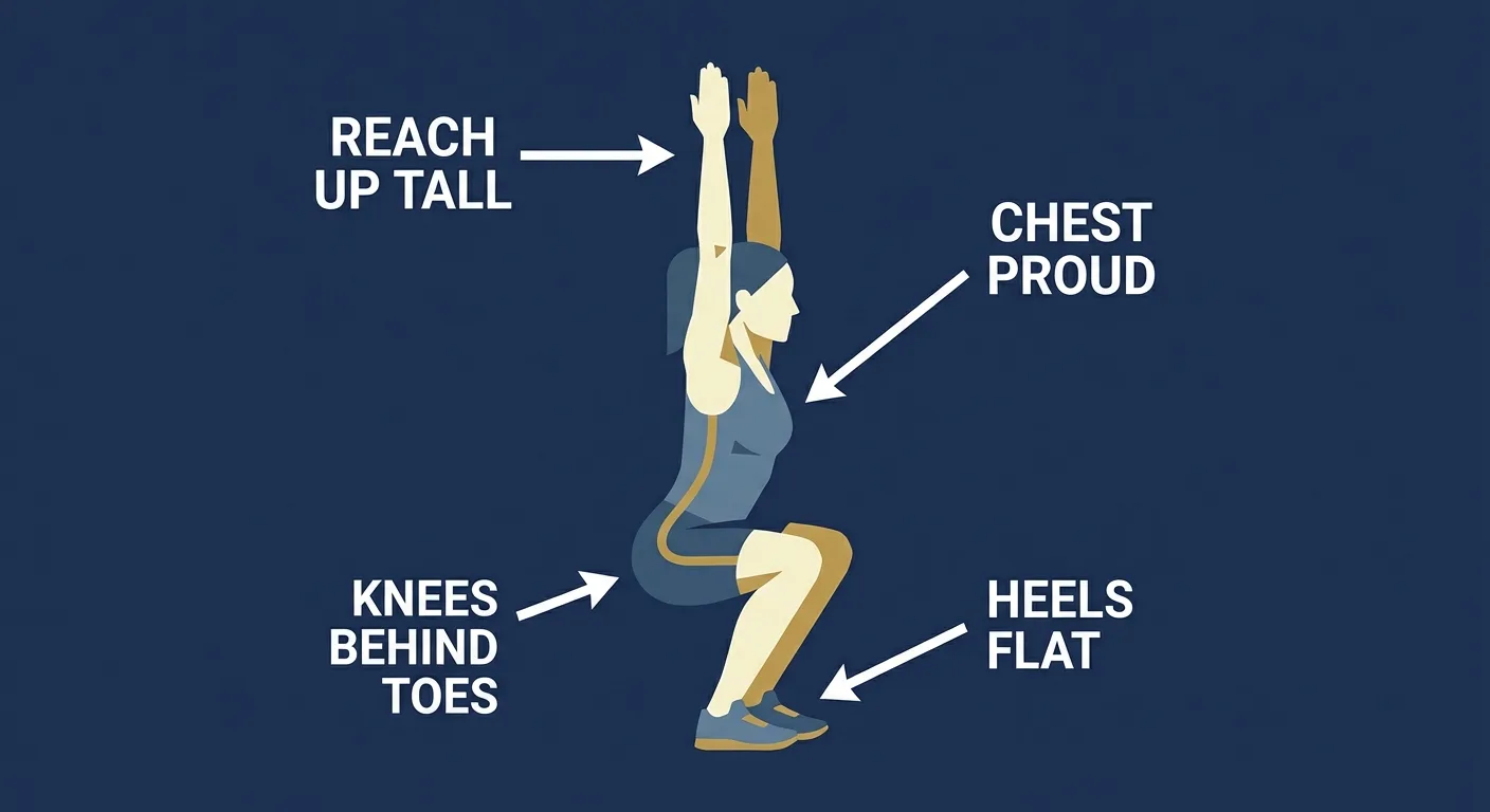 Squat reach proper form: heels flat, knees tracking over toes, chest tall, and arms reaching overhead from the bottom of the squat