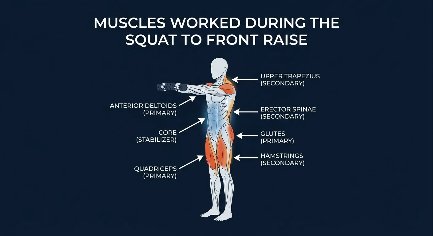 Squat to front raise muscles activated: quadriceps, glutes, and anterior deltoids as primary movers, with hamstrings, trapezius, and erector spinae assisting and the core bracing during the dumbbell squat and raise combination