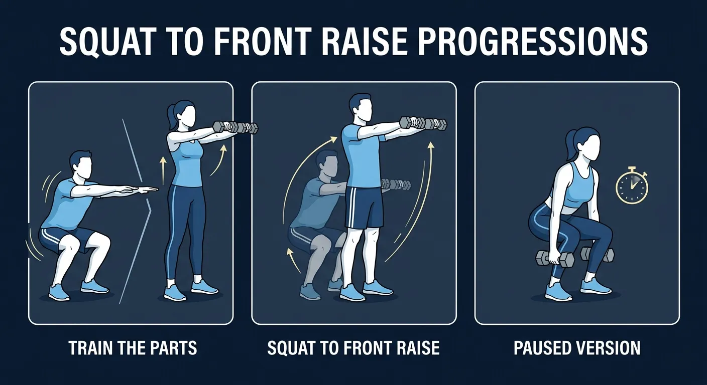 Squat to front raise progression path: squat and front raise trained as separate exercises on the left, the standard combined squat to front raise in the middle, and the paused version with holds at the bottom and at shoulder height on the right