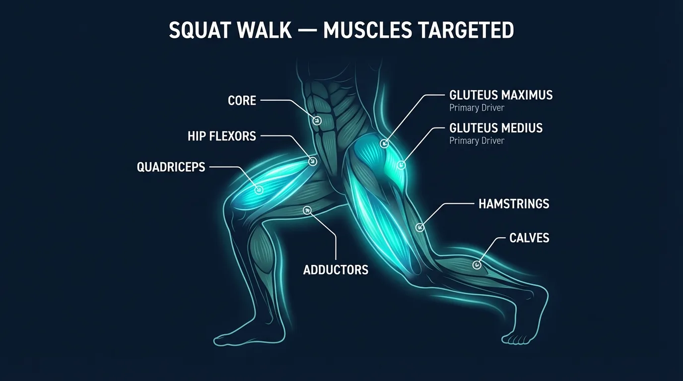 Squat walk muscles worked: quadriceps, gluteus maximus, gluteus medius, hamstrings, adductors, calves, ankles, and core stabilizers during a low squat walk