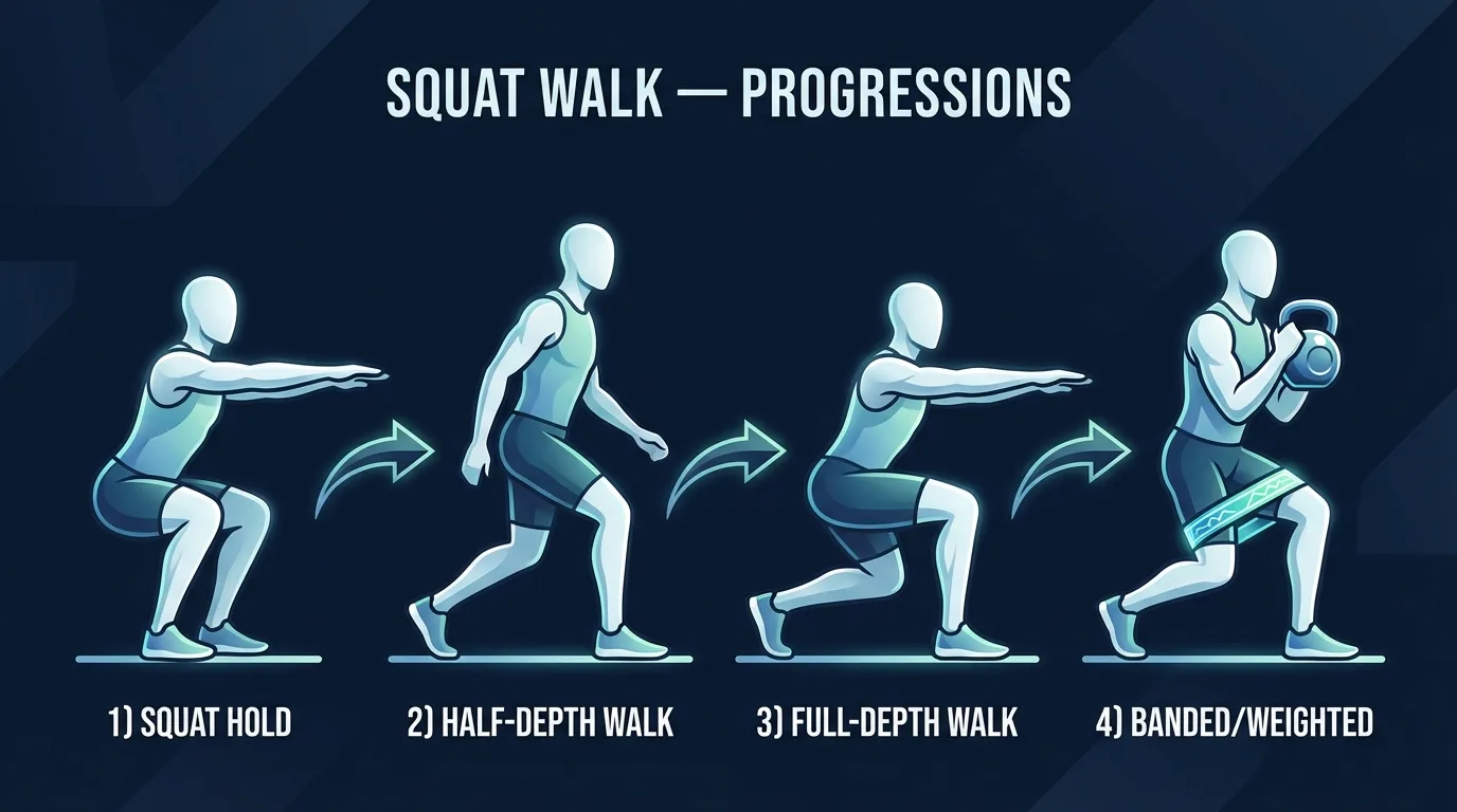 Squat walk progression path from stationary squat hold to half-depth squat walk, full squat walk, banded squat walk, and weighted goblet squat walk