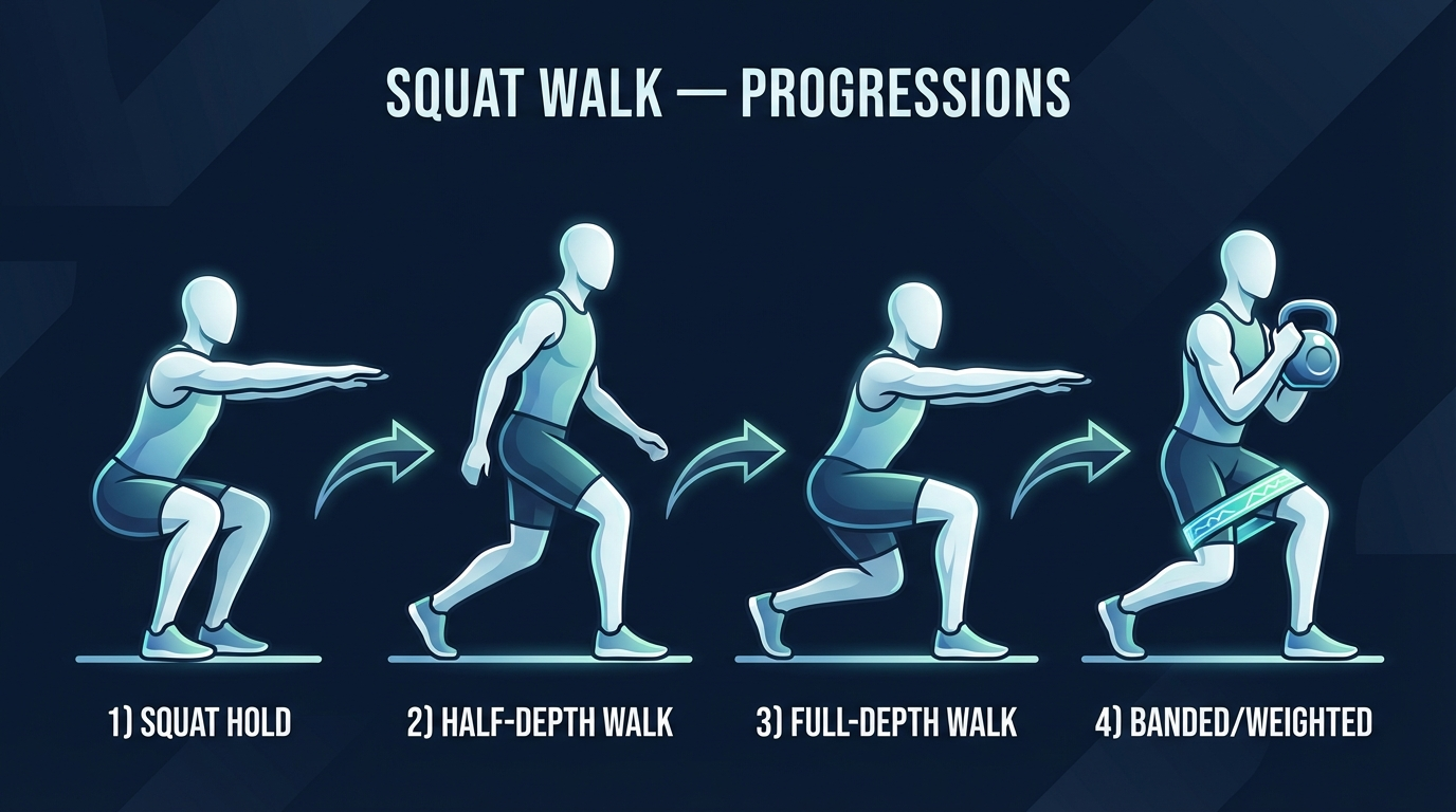 Squat walk progression path from stationary squat hold to half-depth squat walk, full squat walk, banded squat walk, and weighted goblet squat walk