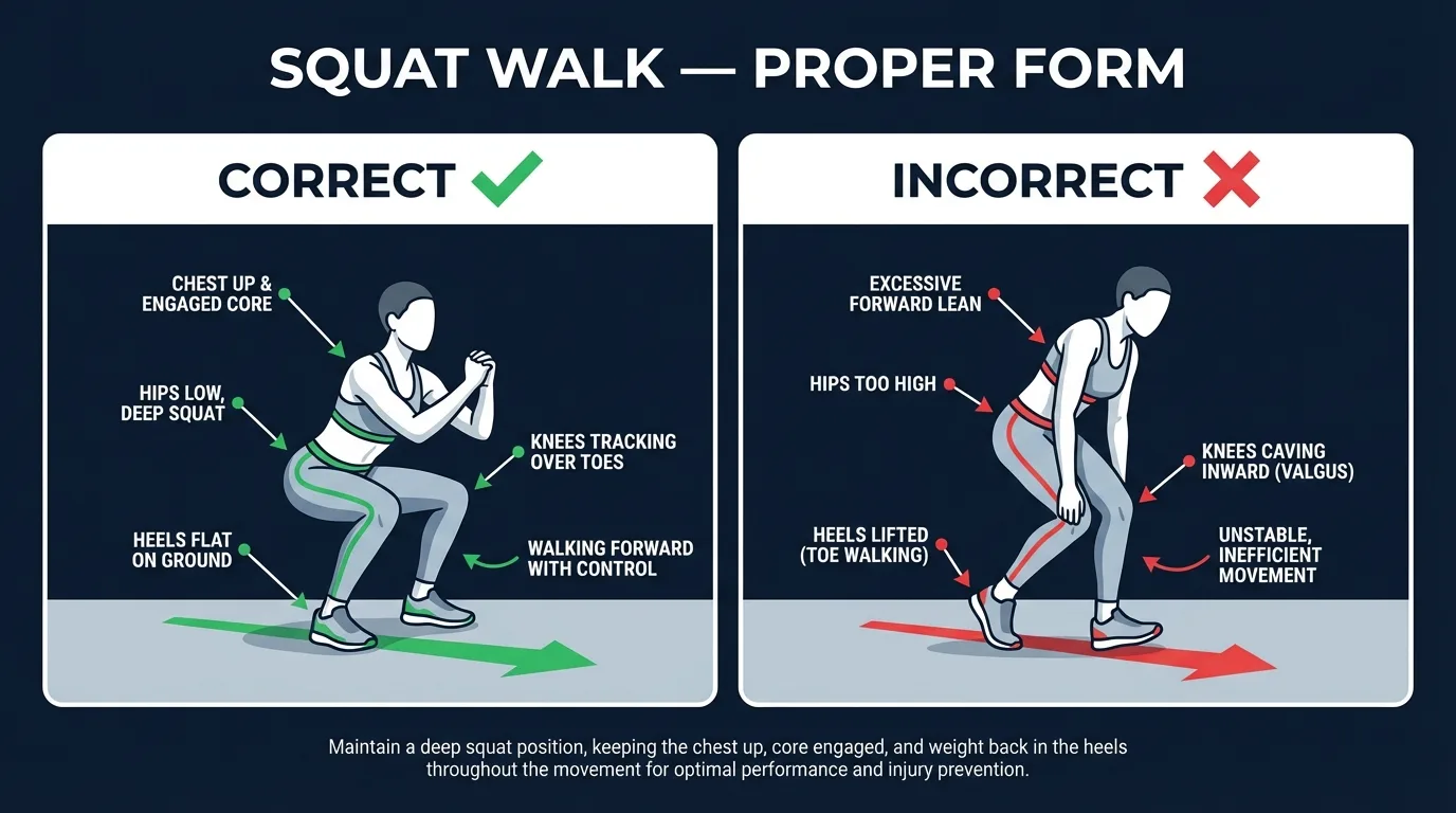 Squat walk proper form showing a low squat position, short forward steps, chest lifted, heels flat, and knees tracking over toes