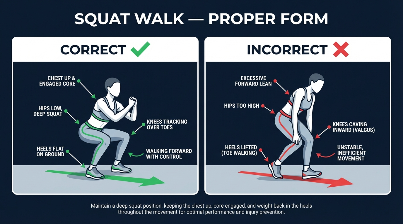 Squat walk proper form showing a low squat position, short forward steps, chest lifted, heels flat, and knees tracking over toes