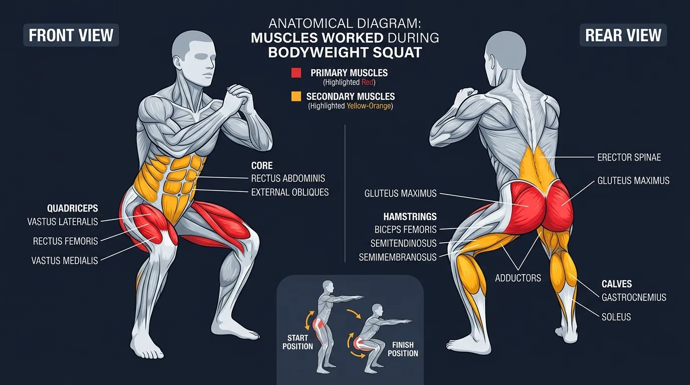 Squat muscles activated: quadriceps, gluteus maximus, and hamstrings as primary movers, with the adductors, calves, erector spinae, and core as stabilizers