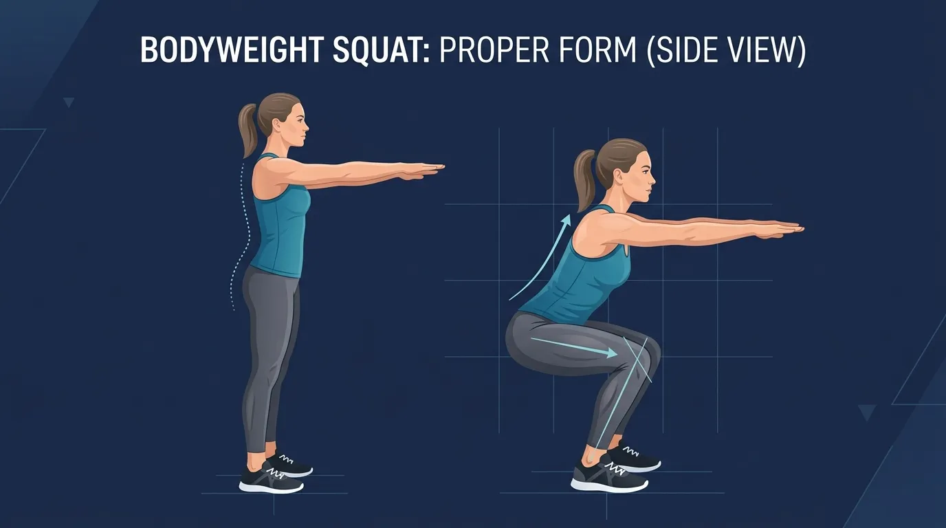 Squat proper form: feet shoulder-width with toes slightly out, chest up, hips back, knees tracking in line with toes, weight through the heels