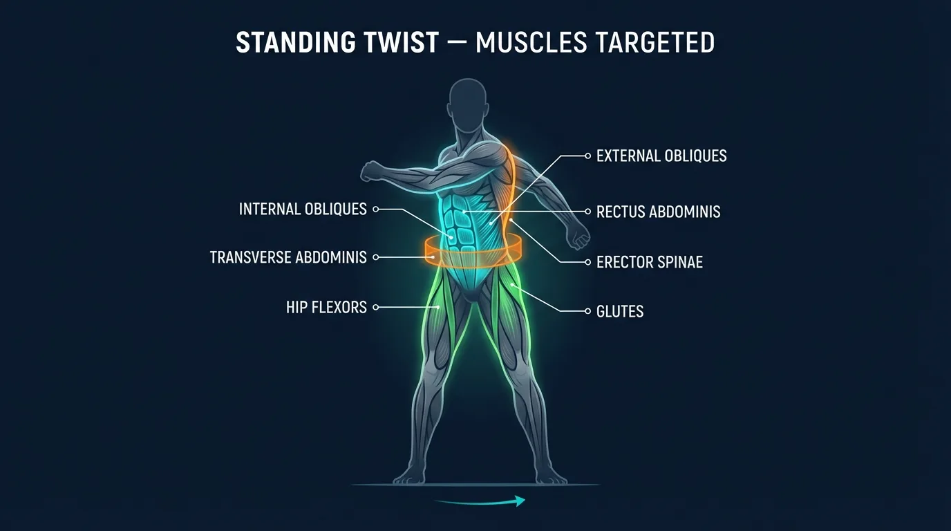Standing twist muscles worked: internal and external obliques rotate the trunk while the deep core, glutes, hips, and legs stabilize the pelvis