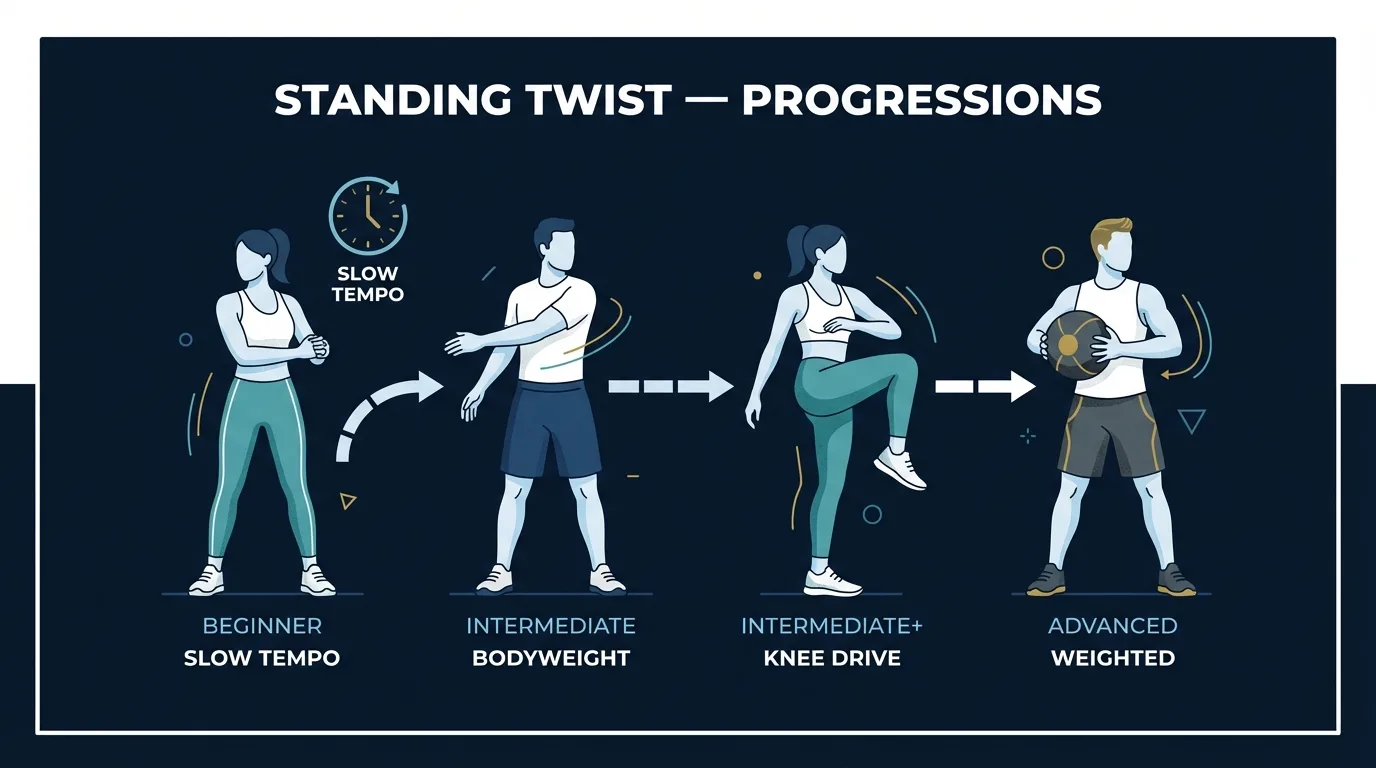 Standing twist progressions from short-range bodyweight twists to slow-tempo, knee-drive, speed, and light loaded variations