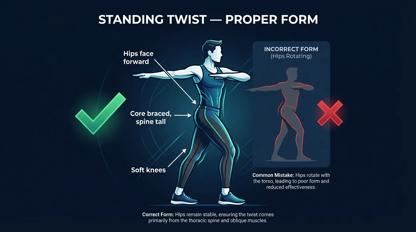 Standing twist proper form: upright posture, soft knees, ribcage rotated to one side, hips facing forward, and feet planted
