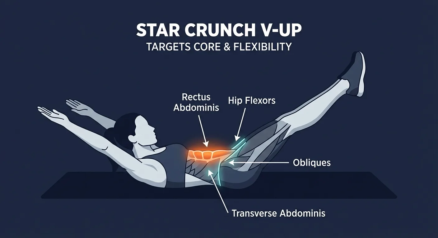Star crunch muscles worked: rectus abdominis as the primary mover, hip flexors and obliques assisting, and transverse abdominis stabilizing the pelvis