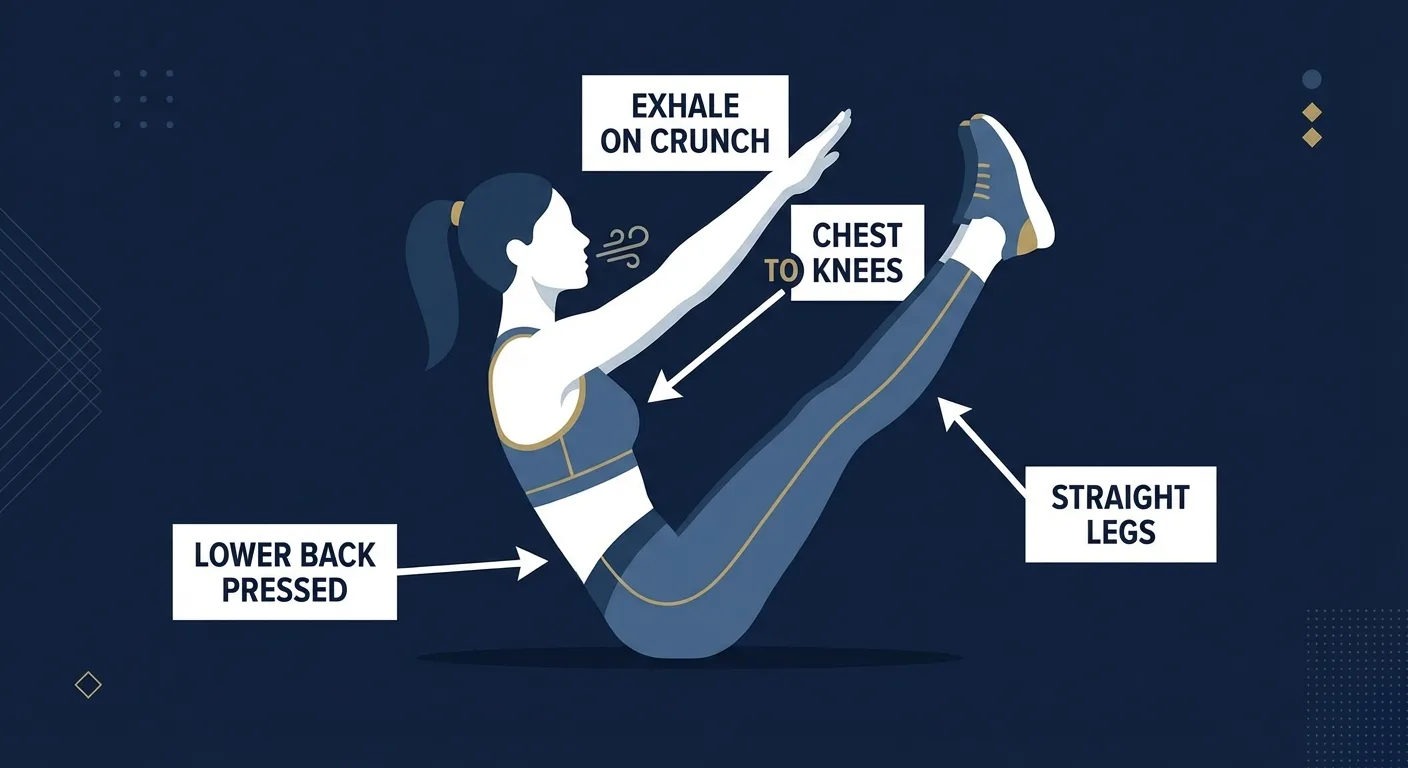 Star crunch proper form showing lower back contact, long arms and legs, relaxed neck, and controlled reach toward the feet