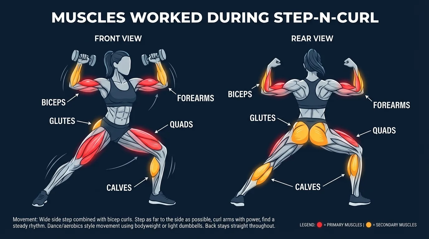 Step-N-Curl muscles worked: quadriceps and hip flexors during the knee drive, hamstrings and glutes during the heel curl, with calves and core stabilizing