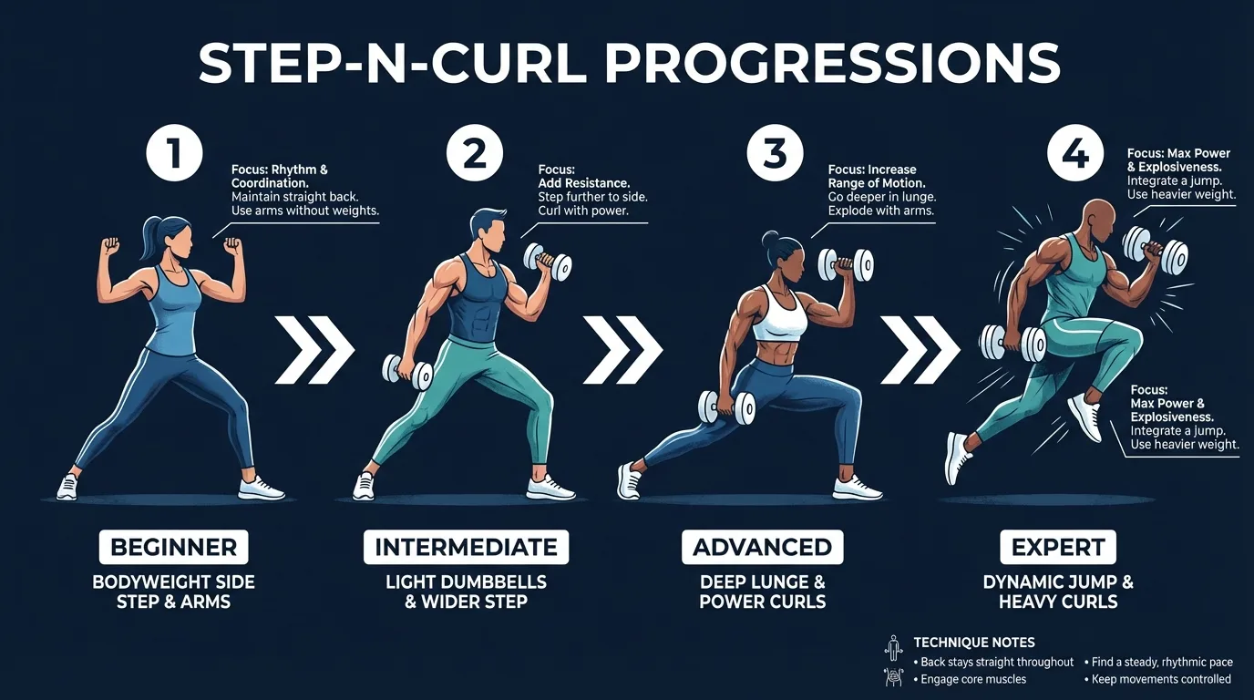Step-N-Curl progression path from wall-supported reps to standard alternating rhythm and faster overhead reach variation