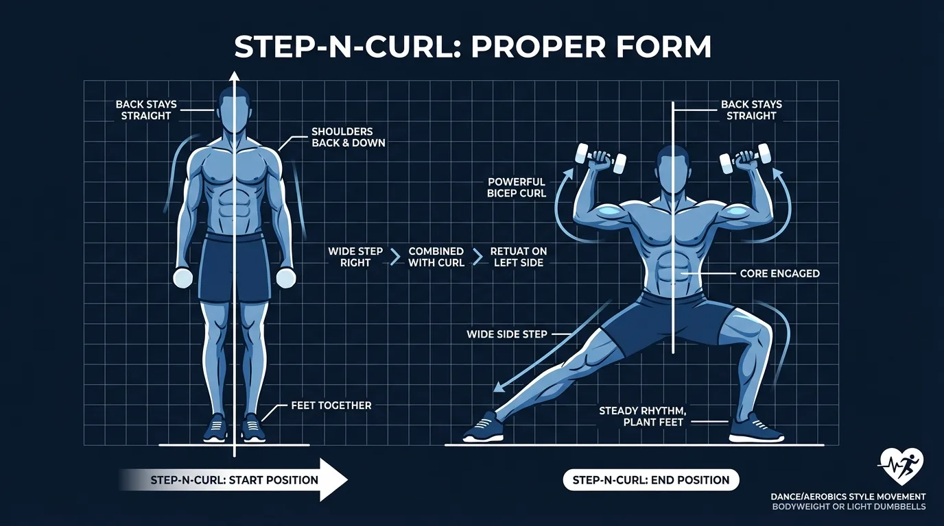 Step-N-Curl proper form showing an upright torso, controlled knee drive, stable foot plant, and opposite heel curl
