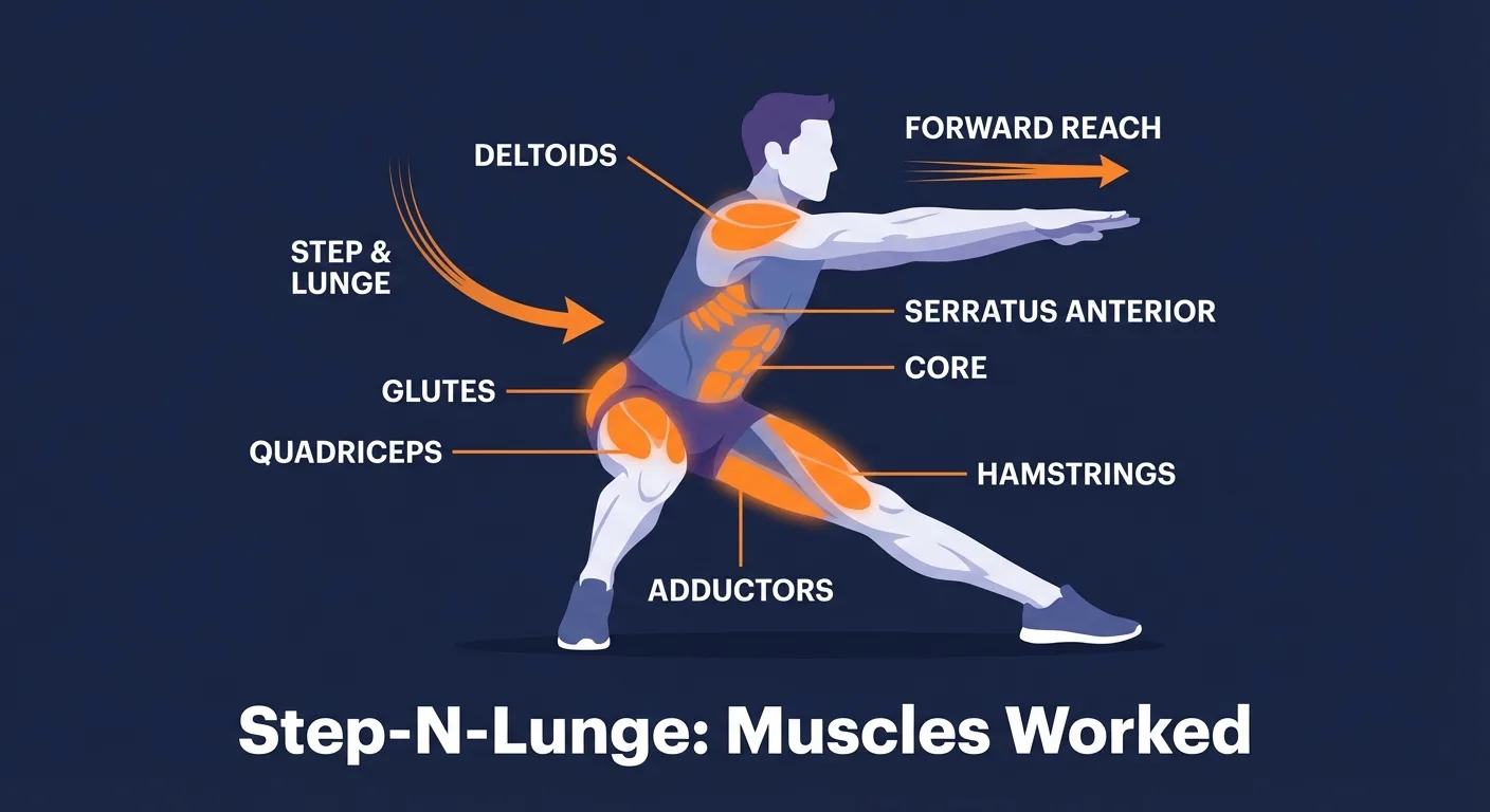 Step-N-Lunge muscles targeted: quadriceps, glutes, adductors, hamstrings, hip stabilizers, shoulders, serratus anterior, and core during the side lunge with forward reach