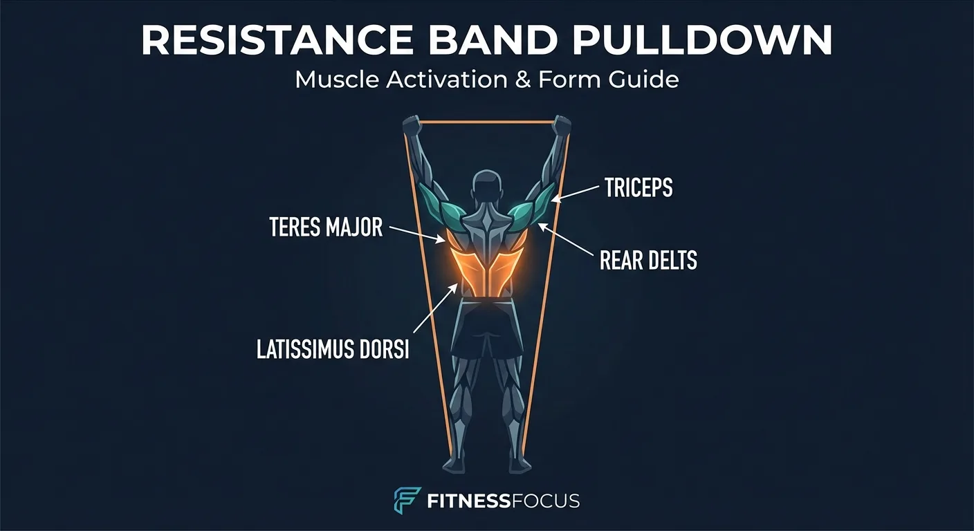 Stiff-arm pulldown muscles targeted: latissimus dorsi as the primary mover with teres major, triceps long head, rear deltoids, and core stabilizers