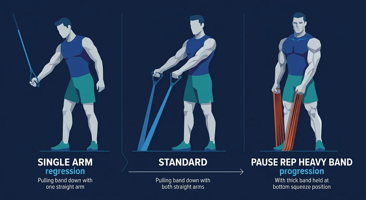 Stiff-arm pulldown progression path from single-arm regression to standard two-arm reps and heavier pause-rep band pulldowns