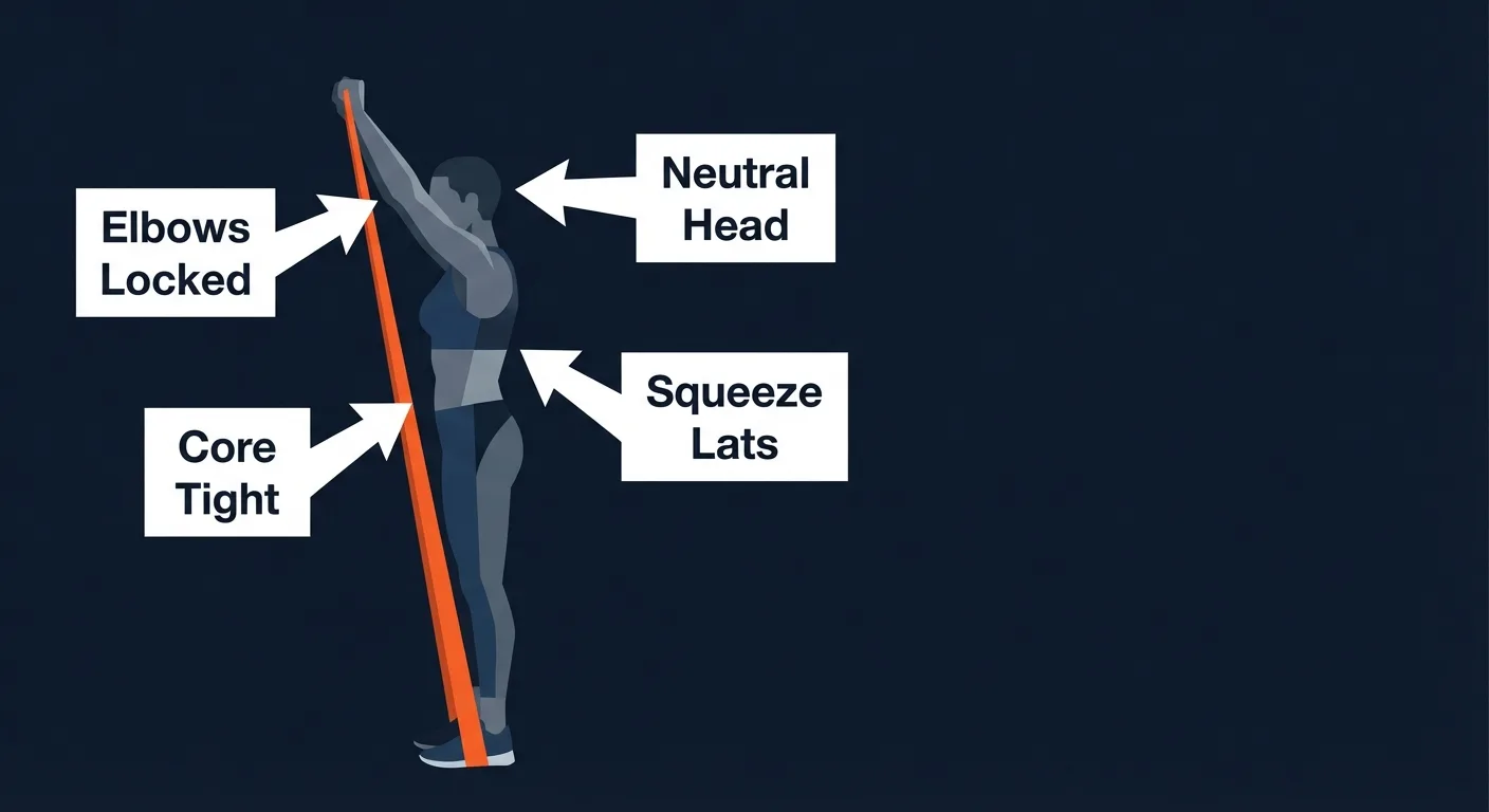 Stiff-arm pulldown proper form: overhead band anchor, fixed elbow angle, ribs down, neutral neck, and hands finishing near the thighs