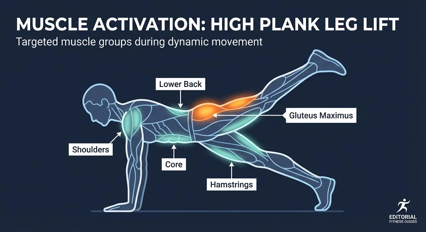Straight leg kickback muscles targeted: gluteus maximus and hamstrings lift the leg while the core, shoulders, and outer hips stabilize the plank