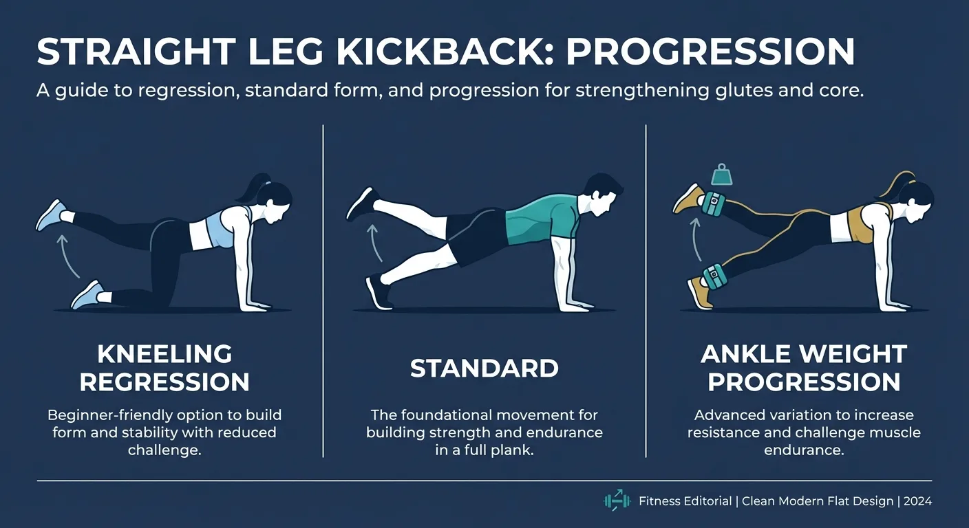 Straight leg kickback progression path from kneeling kickback to high-plank version and ankle-weight progression