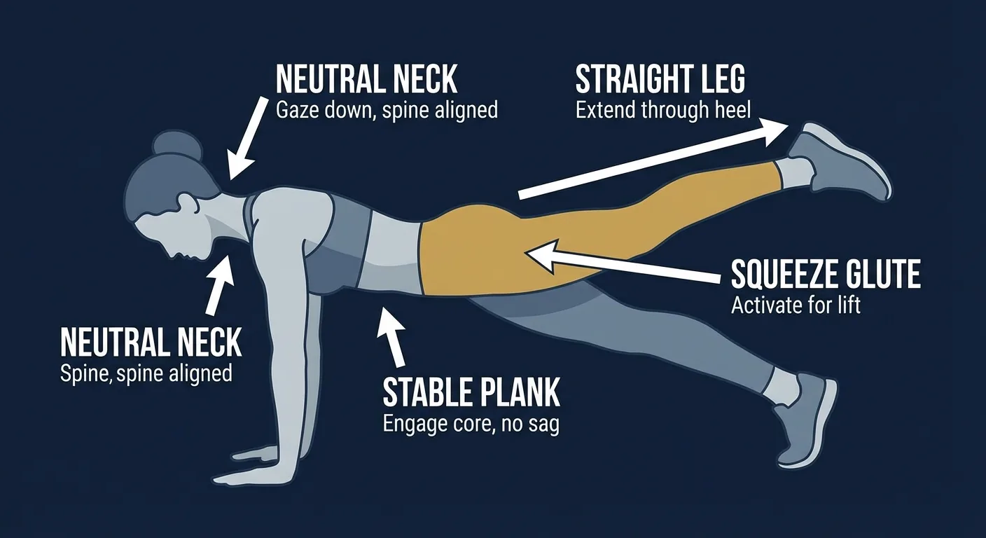 Straight leg kickback proper form: hands under shoulders, ribs braced, hips square, and one straight leg lifting without low-back arching