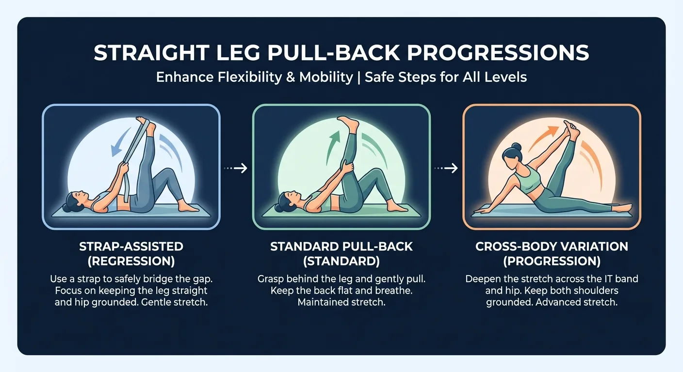 Straight leg pull-back progressions from strap-assisted hamstring stretch to standard hold, flexed-foot version, and cross-body variation