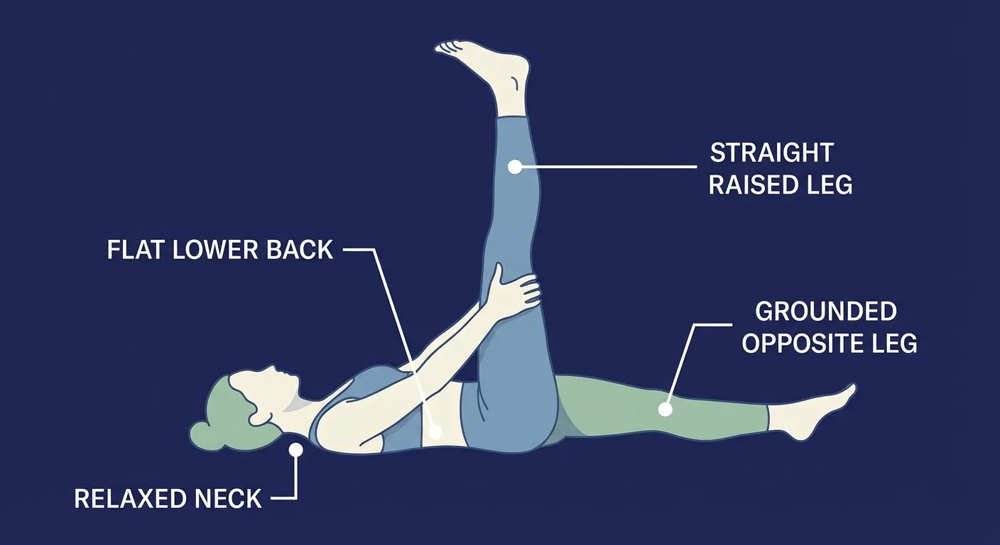 Straight leg pull-back proper form with the lower back supported, raised leg gently pulled in, opposite leg grounded, and neck relaxed