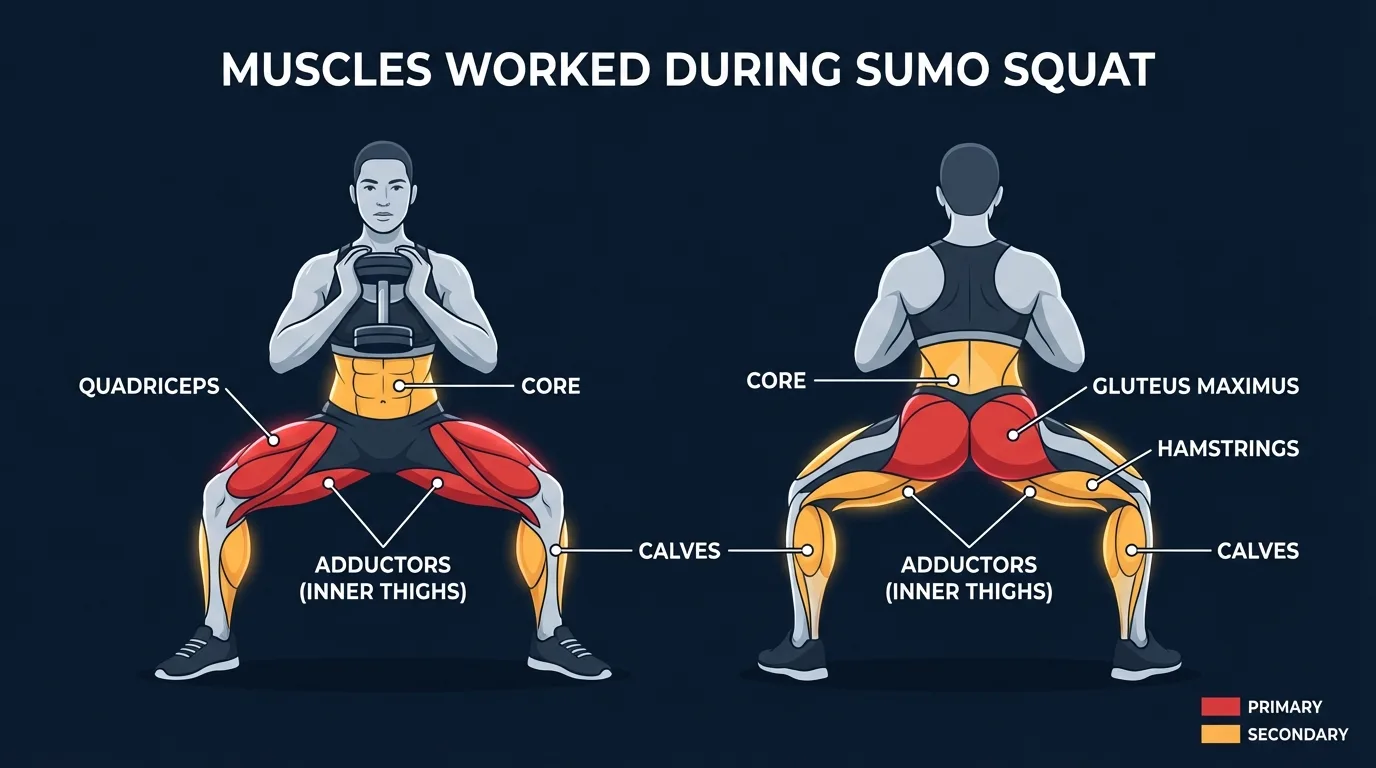 Sumo squat muscles worked: quadriceps, gluteus maximus, and hip adductors as primary movers, with hamstrings, calves, core, and spinal stabilizers assisting