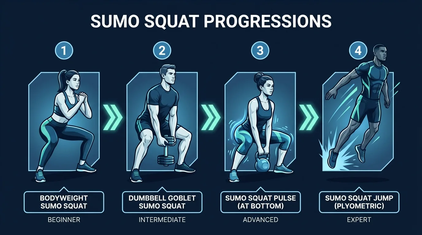 Sumo squat progression path from bodyweight sumo squats to dumbbell goblet sumo squats, pause reps, and pulse reps