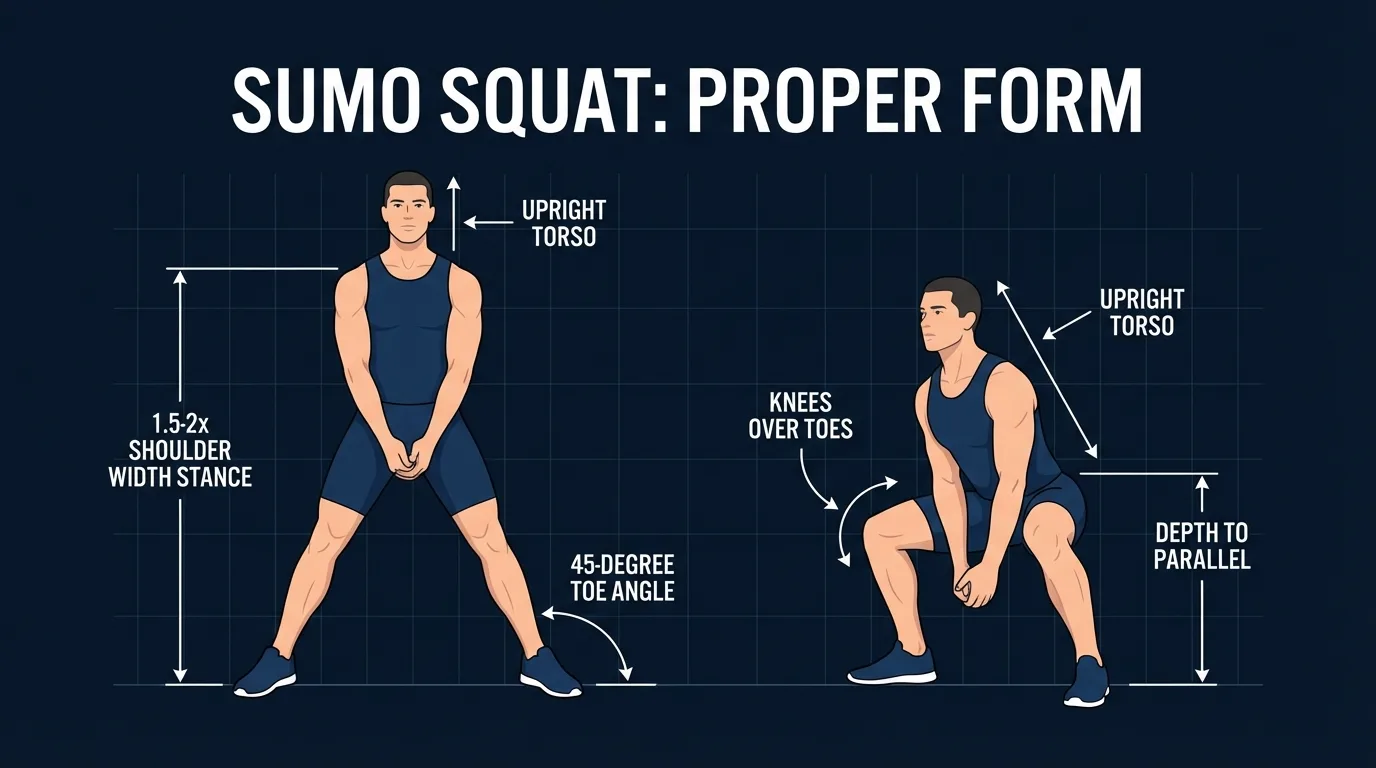 Sumo squat proper form showing wide stance, toes turned out, upright torso, flat feet, and knees tracking over toes