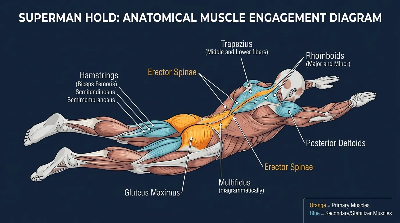 Superman hold muscles activated: spinal erectors, glutes, hamstrings, posterior deltoids, and upper-back stabilizers