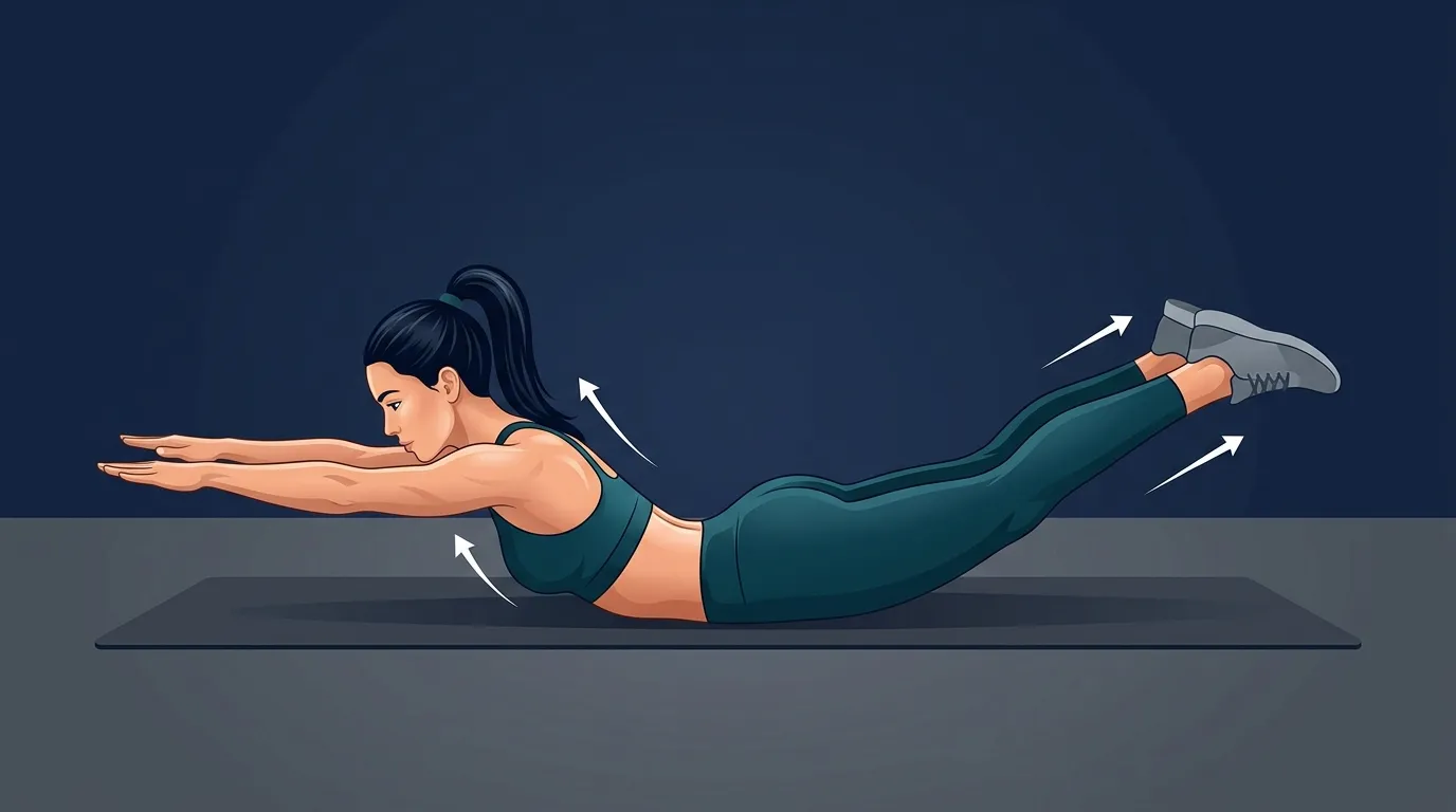 Superman hold proper form with arms and legs lifted slightly, glutes engaged, and neck neutral