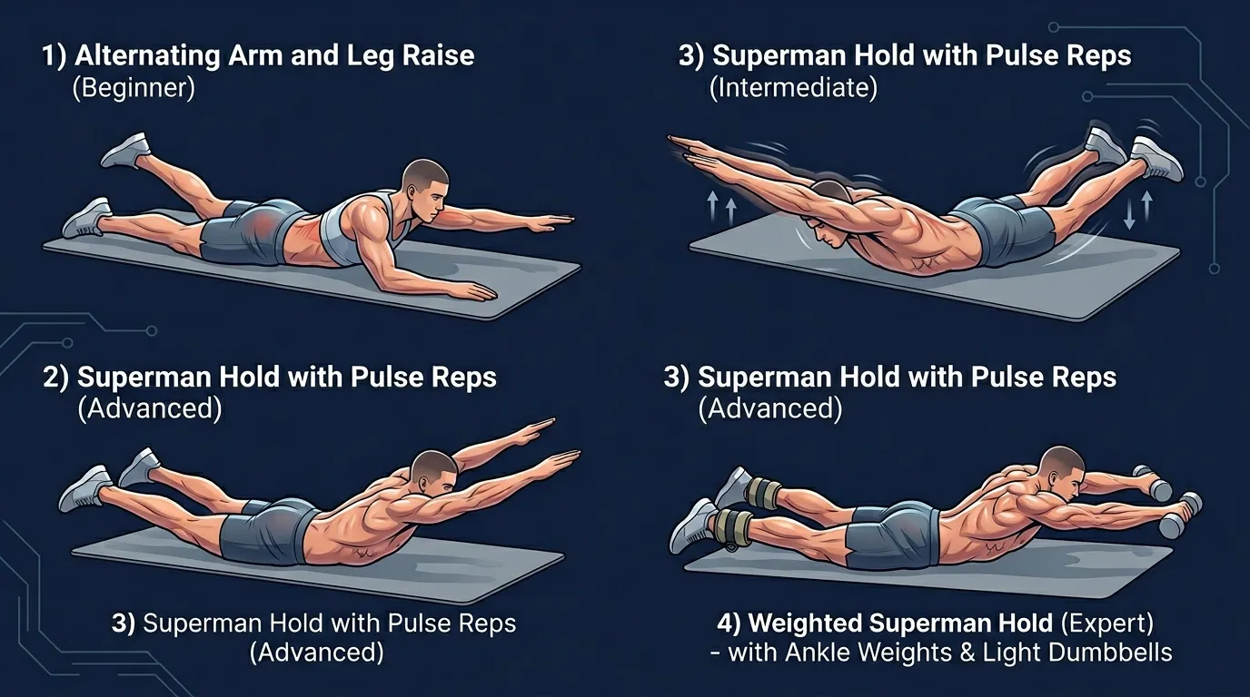 Superman hold progression from alternating arm and leg lifts to standard holds, pulses, and light weighted holds